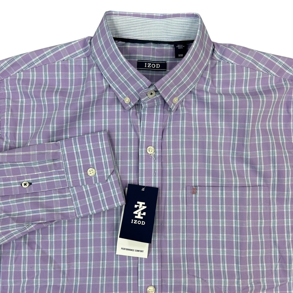 New IZOD Performance Comfort Button Down Shirt Mens Sz M Lavender Plaid Stretch
